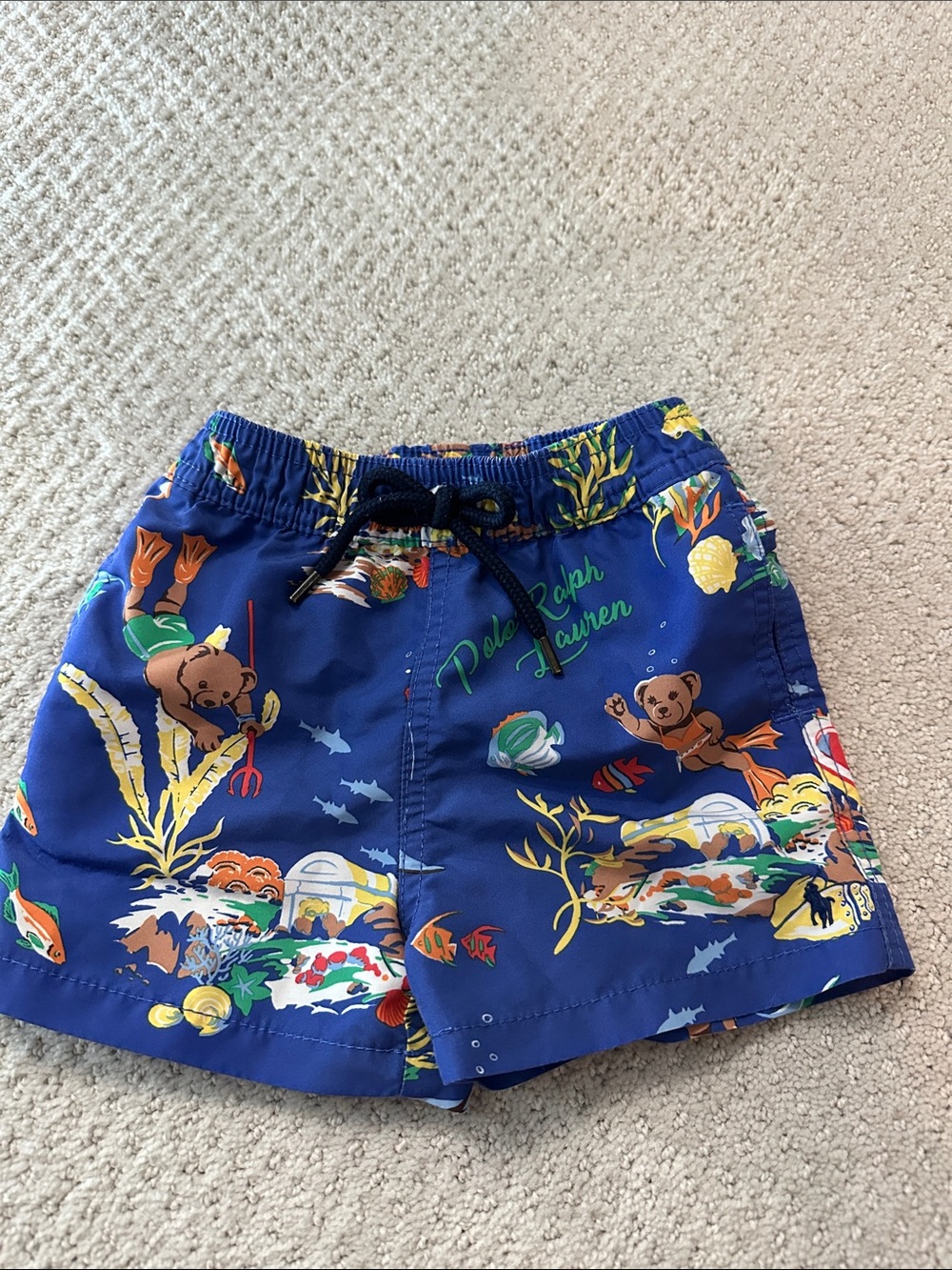 Polo by Ralph Lauren Navy Blue Boys' Swim Shorts with Bear & Underwater Print